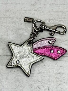 Vintage Coach Shooting Star Leather Bag Charm Keychain Pink Silver FOB
